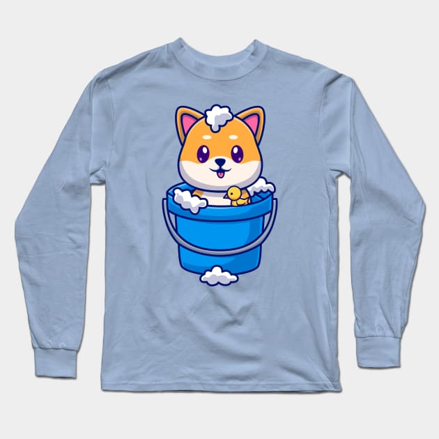 Cute Shiba Inu Bathing In Bucket With Bubble Cartoon Long Sleeve T-Shirt by Catalyst Labs